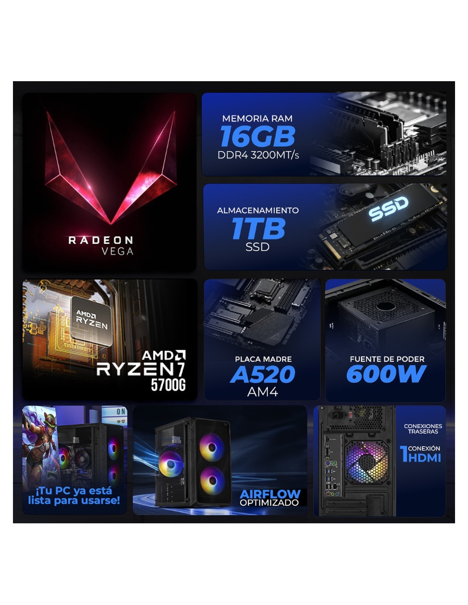 Computadora gamer XTACR732GBVEGA7MDPB 24 pulgadas Full HD AMD Ryzen 7 AMD Radeon Graphics 16 GB RAM 1 TB SSD 6